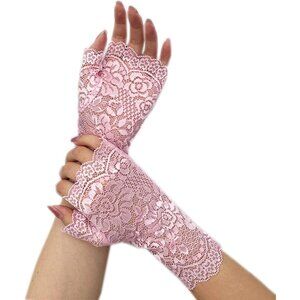 Women's Evening Classic Pink Fingerless Floral Short Banquet Lace Gloves